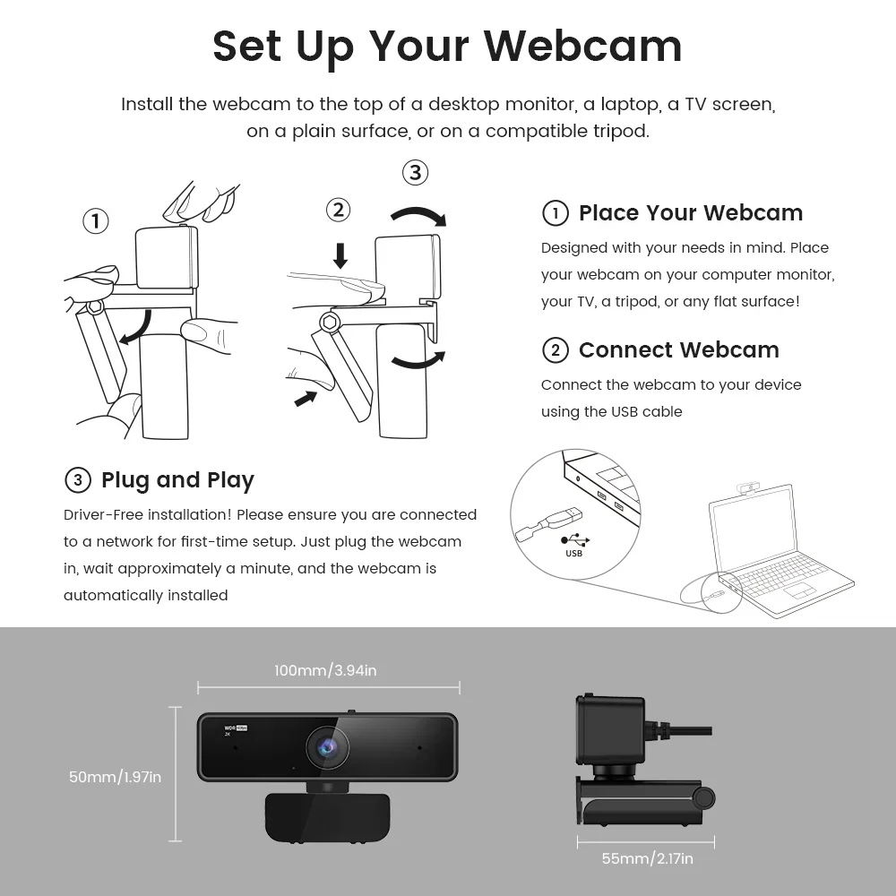 Nuroum V11 2K HD USB Webcam with Microphone – High Quality 1080p 60fps, Plug & Play