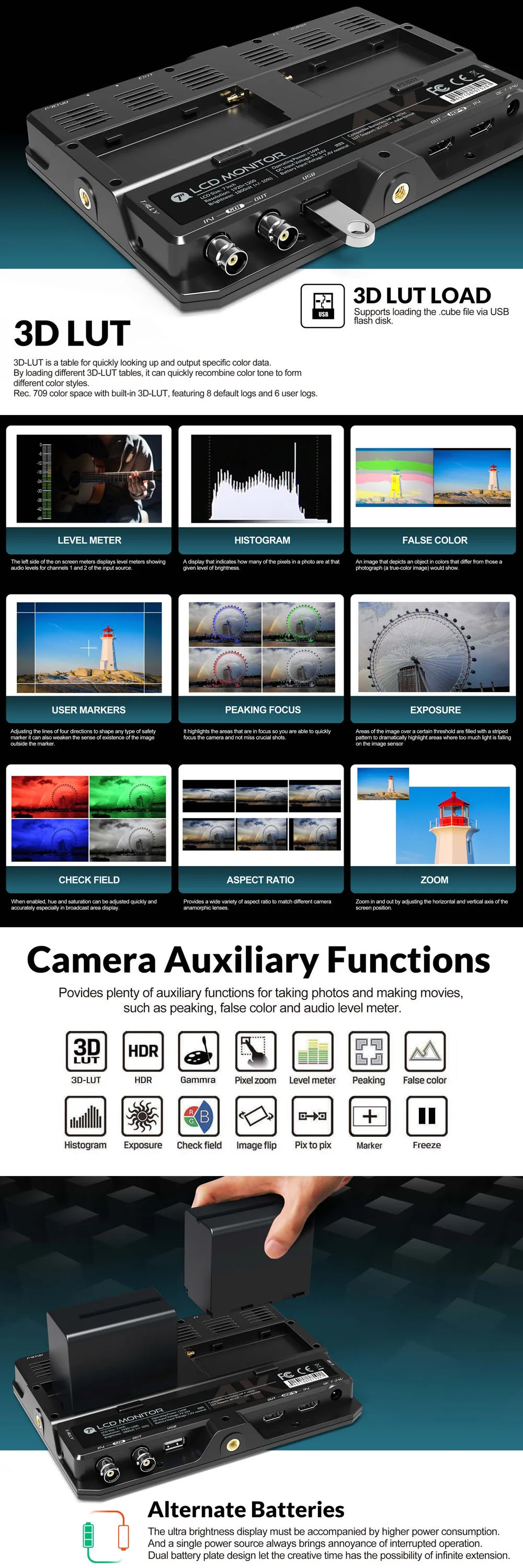 H7S 7 inch 1800nits ultra bright HDMI-compatible SDI on-camera monitor