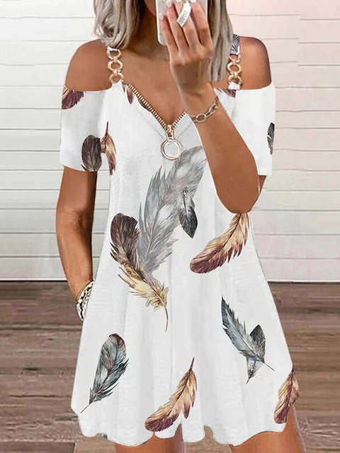 Summer Women Casual Short Sleeve A Line Going Out Dresses Feather Print Cold  Shoulder Pocket Design Casual Dress - AliExpress