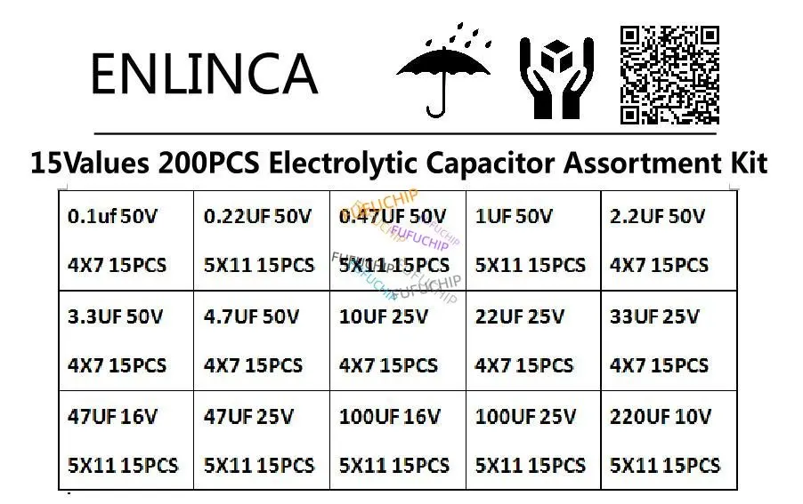 Radial capacitors set electrolytic capacitor aluminum electrolytic capacitor 15Values 10V 16V 25V 50V 0.1uF-220uF Electrolytic Capacitor Assortment Kit 0.22uf 2.2uf 100uf 200pcs/lot