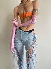 

Goth Dark E-girl Punk Black Women Flare Pants Cyber Y2k Mesh Techwear Bandage Sexy Trousers Patchwork Skinny Fashion Streetwear