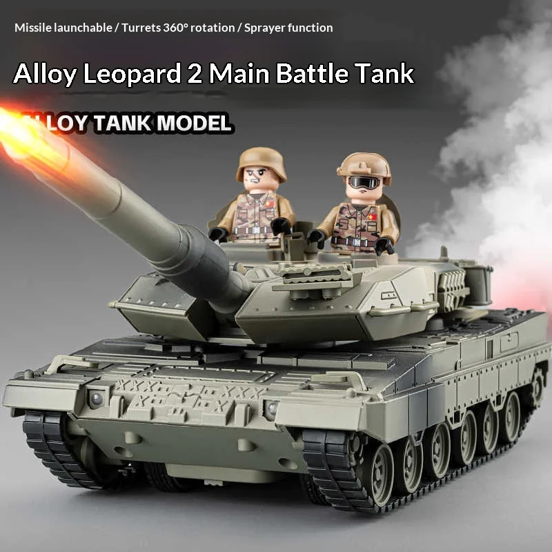 일반 합금 레오파드 2 주력 전차 모형 궤도형 장갑차 회전식 포탑 발사 가능한 미사일 스프레이 어린이 장난감 장식품