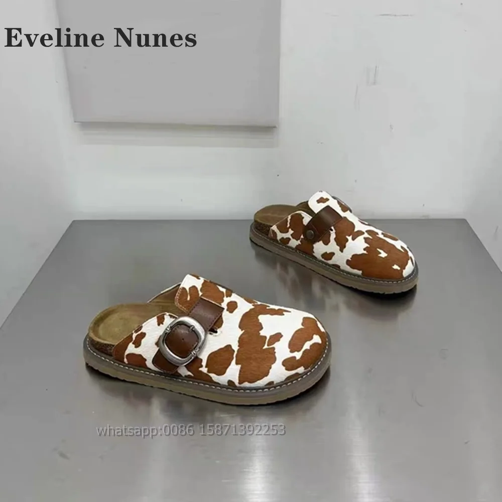 

Cow Pattern Belt Buckle Slides Round Toe Flat with Horsehair Metal Decoration Women Sandals Slip On Slingback Mixed Colors Shoes