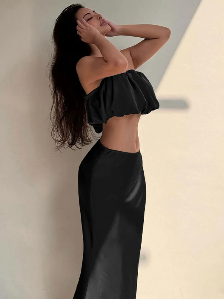 Tossy Fashion Satin Ruffled Long Skirt Suit Women's Solid Color Sleeveless Slim Tube Top 2 Piece Silvery Skirt Suit Women's Suit
