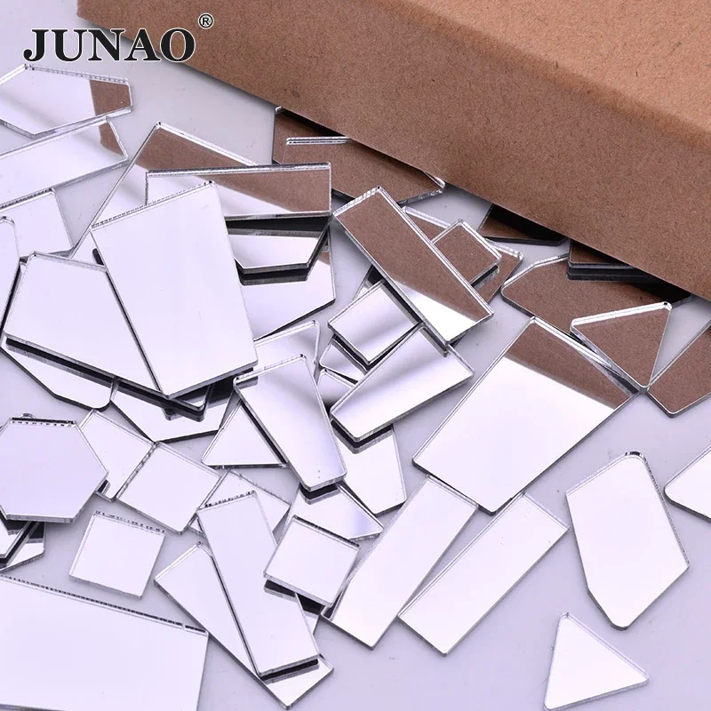 JUNAO 20pcs Mix Size Silver Clear Mirror Rhinestone Stickers Flat Back Strass Non Sewing Mirror Crystal Stones for Clothes