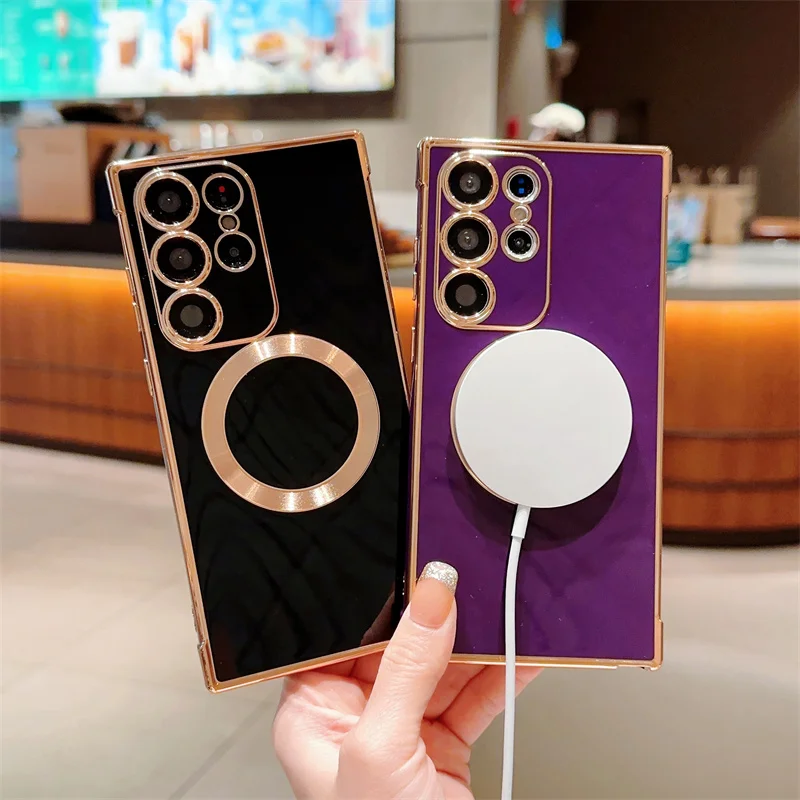 

Simple Plating Pure Color Soft Case For Samsung Galaxy S23 22 21 20FE Plus Ultra ShockProof Wireless Magnet Charging Cover