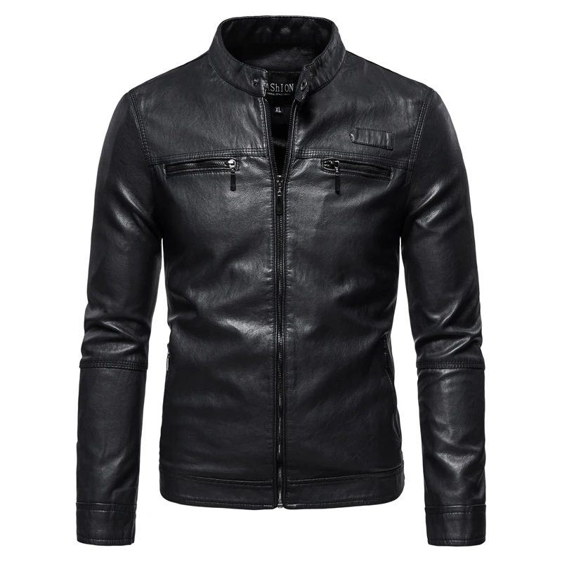 Plush men's leather jacket with stand-up collar and slim solid color PU coat with zipper male winter windproof leather jacket men's leather jacket Casual Faux Leather