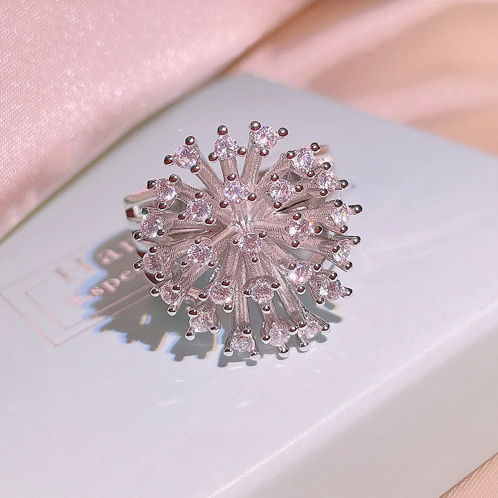 925 Stamp New Light Luxury Super Flash Zircon Hollow Snowflake Ring Female Party Birthday Jewelry Gift