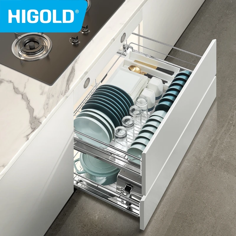 HIGOLD Fashion Series Pull Basket Cabinet 304 Stainless Steel Linear Basket Double layer Multifunctional