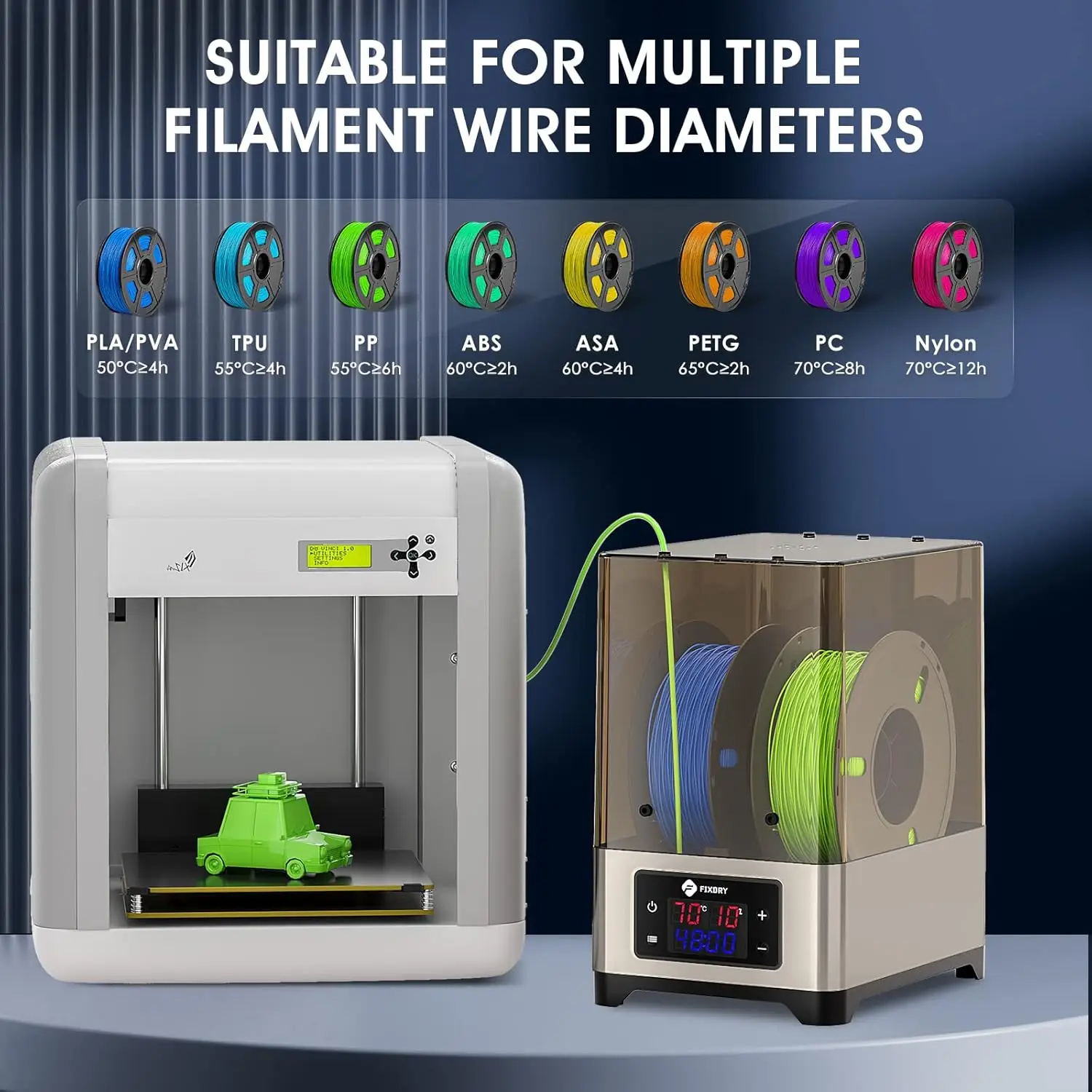 FIXDRY NT1 3D 프린터 필라멘트 건조기 상자 2롤 3Kg 필라멘트 홀더 360 °   열풍 가열 45 ℃ -70 ℃   실시간 습도 모니터링