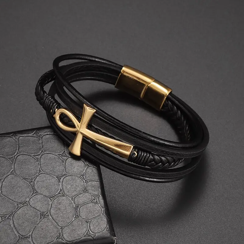 Ancient Egyptian Ankh Symbol of Life Cross Leather Bracelet Braided Leather Bangles Magnetic Buckle Amulet Jewelry for Men