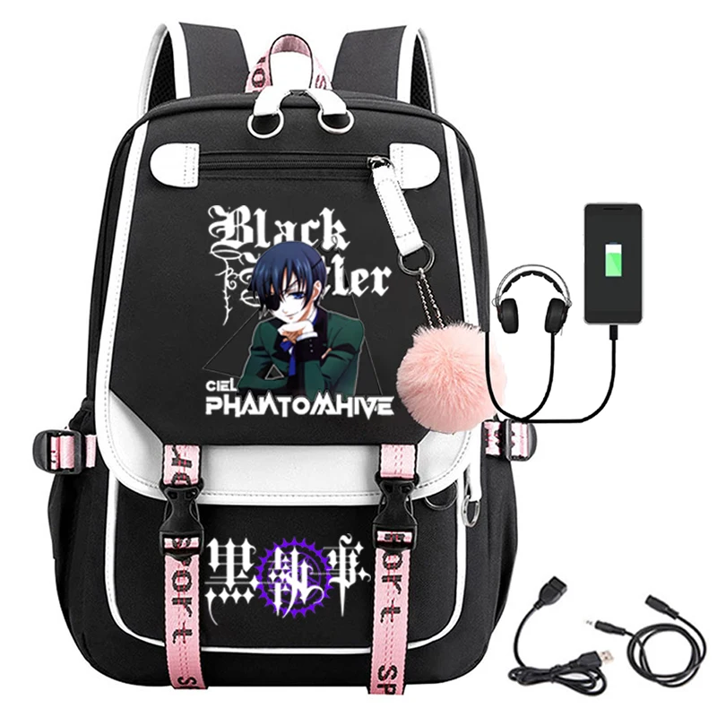 블랙 집사 애니메이션 USB 포트 배낭 나일론 학교 책 학생 여행 가방, 노트북 캐주얼 대형 메신저 백