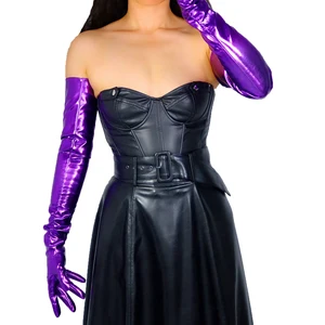 DooWay Winter Women's Leather Gloves Dark Purple Shine Faux Patent LATEX Costume Christmas Party Fashion Evening Opera Glove