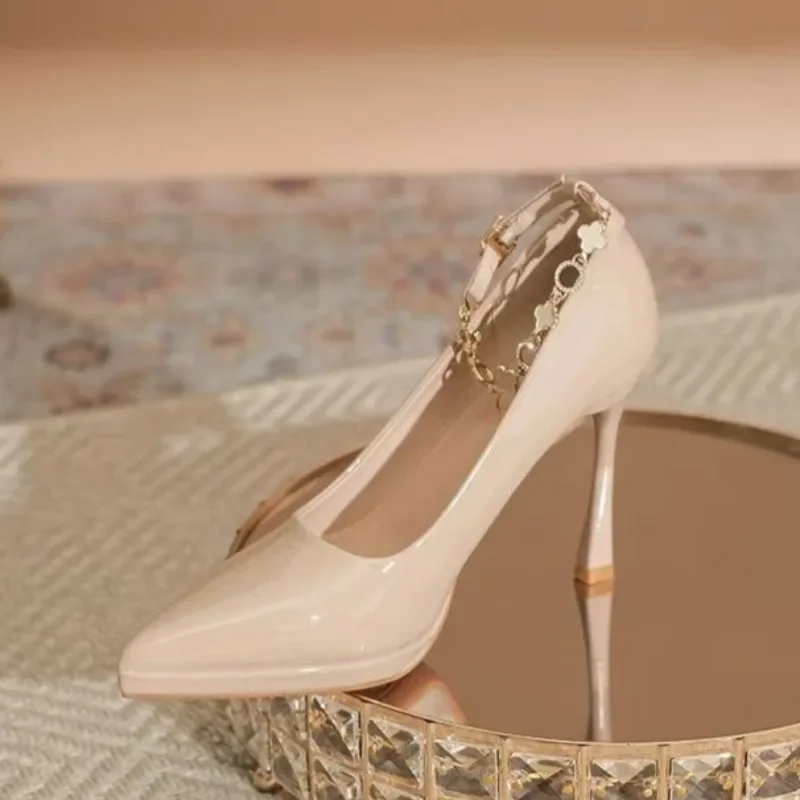 2025Autumn New Stiletto High Heels Women's Pointed Head Shallow Mouth Metal Chain Anti-slip Wear-resistant Single Shoes