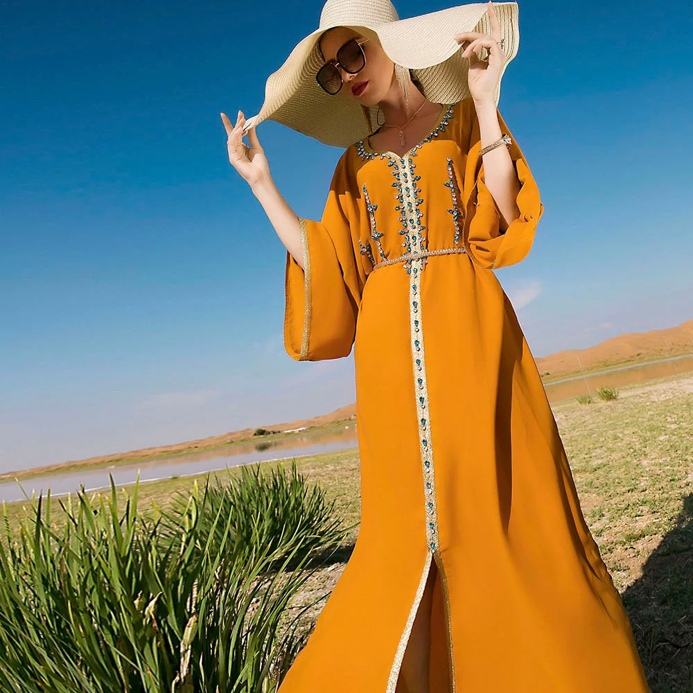 

New Elegant Colorful Abaya Moroccan Dress Woman Dubai Oversized Robe Long Kaftan Spring Summer Arabic Clothes Ladies Plus Size