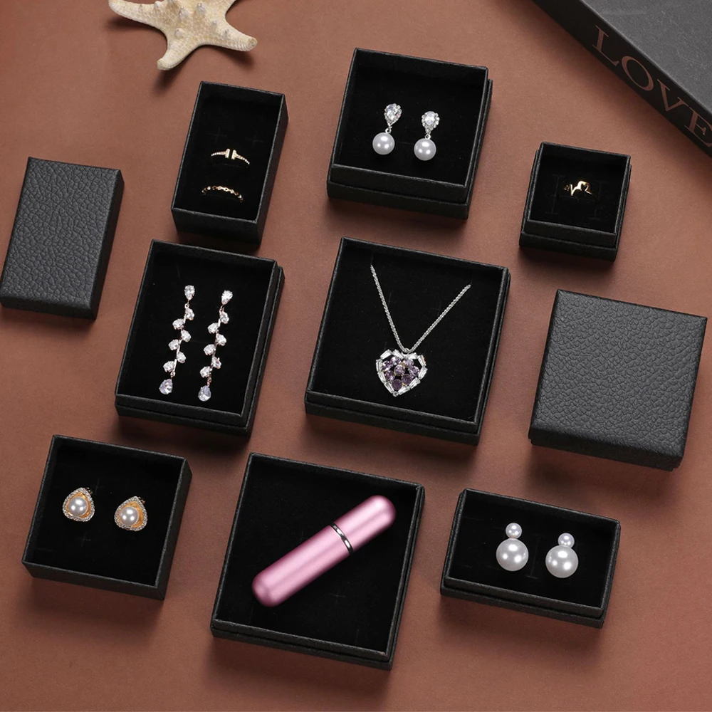 24pcs Black Litchi Stria Jewelry Box with Black Sponge Paper Cardboard Storage Packaging Perfume Ring Earring Pendant Display
