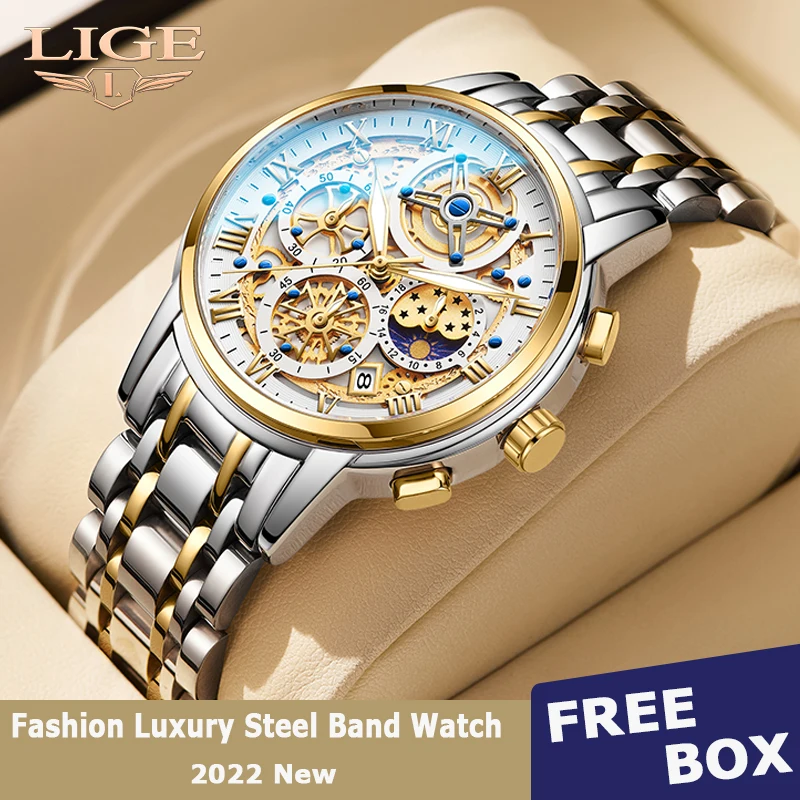 LIGE Luxury Watch for Men's Waterproof Stainless Steel Quartz Analog Fashion Business Sun Moon Star Wristwatches Top Brand+box