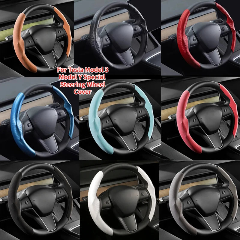 MEWANT Coprivolante in fibra di carbonio opaca cucita a mano e pelle PU per Tesla Model 3 Highland 2023 2024 2025 Accessori per volante