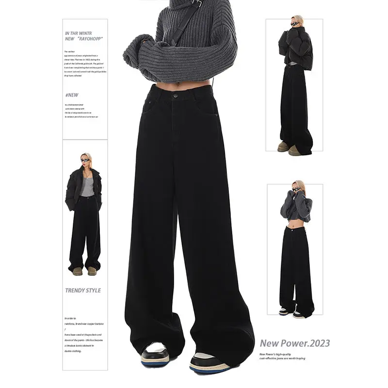 

Spring and Autumn Black High Waisted Wide Leg Jeans 2023 Loose New Style Slim Versatile Straight Drape Floor-Mopping ins Pants