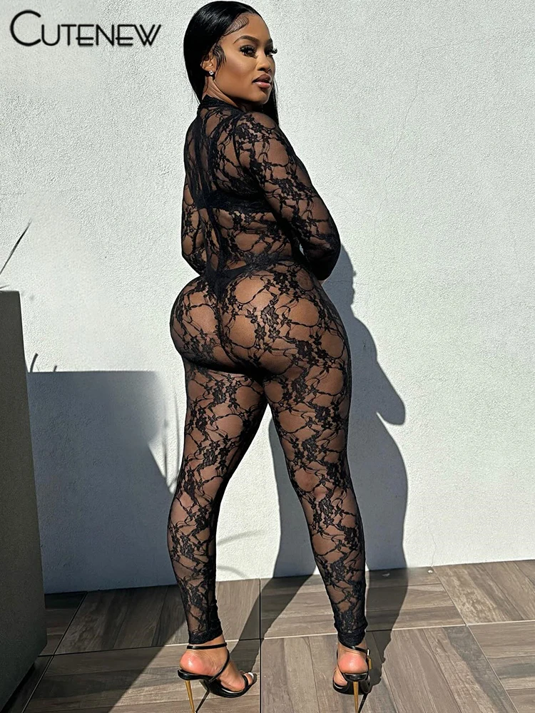 Women's Solid Jumpsuit Casual Sexy Lace Fitness See-through One-Piece Sporty Attirewear Rompers Streetwear Overalls New