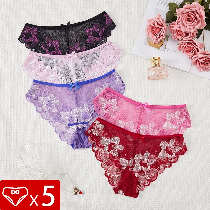 

5pcs Sexy Lace Perspective Floral Women Panties Low Waist Plus Size S-XXL Lady Briefs Breathable Comfortable Intimate Lingerie
