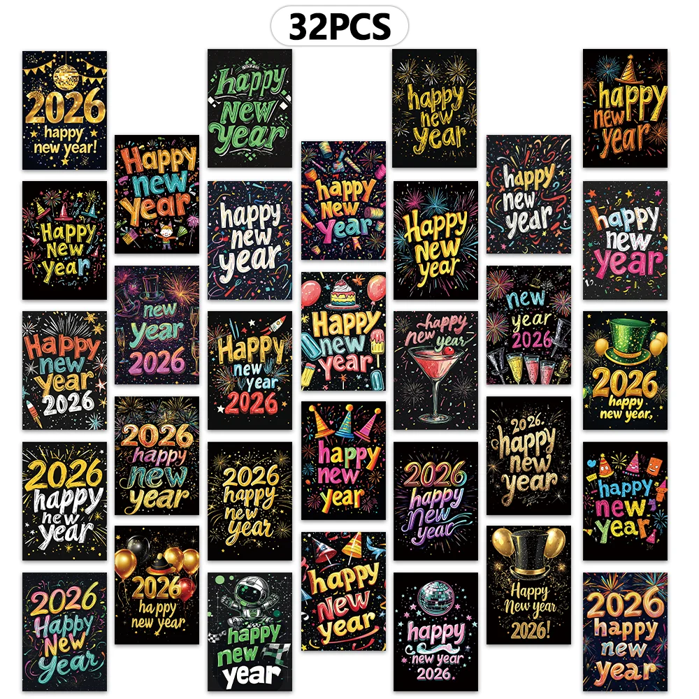 32 יחידות כרטיסי ברכה לשנה חדשה, גלויות, קישוטים לסלון, קישוט לחדר שינה, כרטיסייה עבה, הדפסה באיכות גבוהה