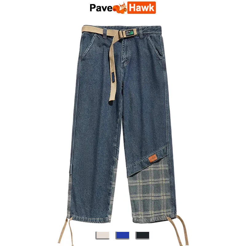 

Vintage Loose Drawcord Jeans Men Hip Hop Distressed Vibe Washed Baggy Denim Pants Patchwork Straight Trousers Retro Joggers New