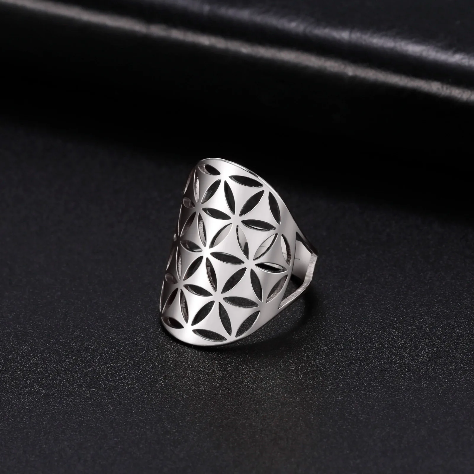 Flower Of Life Ring Adjustable Stainless Steel Sacred Geometry_voghion.com