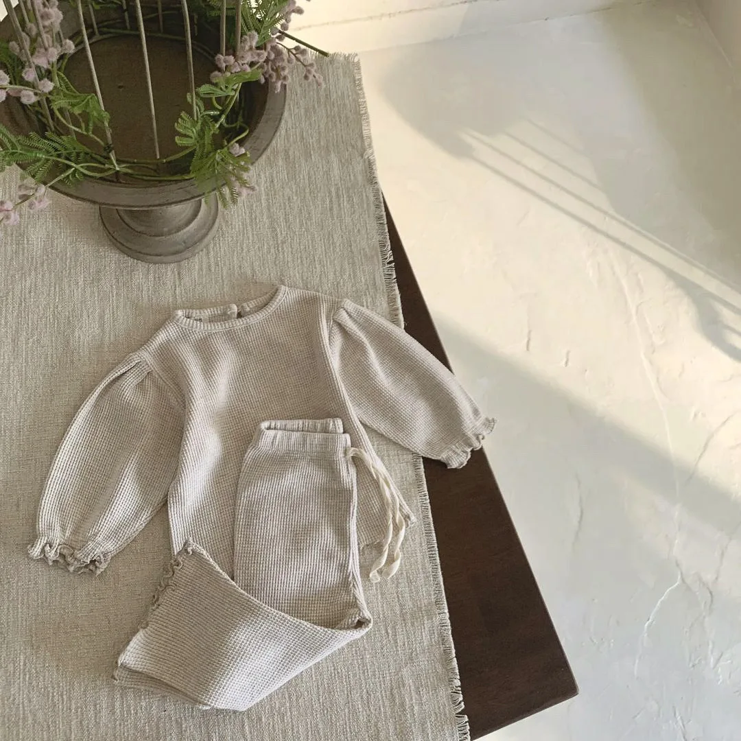 6914 Baby Clothing Set Autumn 2023 Korea Waffle Girl's Suit Long-sleeved T-shirt+ Wavy Hemmed Bell Bottoms Two Piece Suit 5