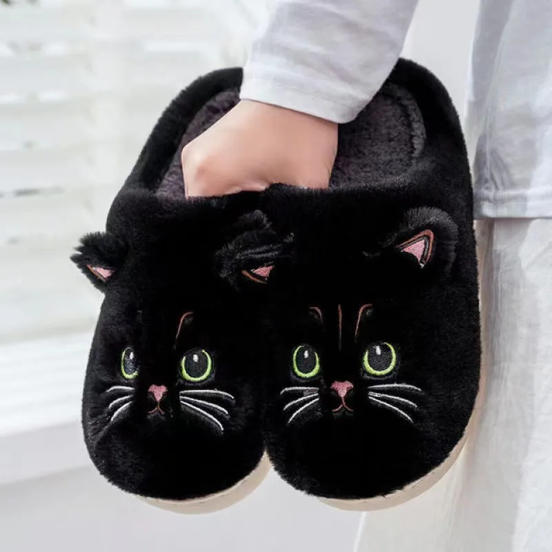 Women Slipper Autumn Winter Cute Cartoon Cat Home Slippers Men Warm Plush Slides Indoor Bedroom Anti-Slip Floor Couple Slipper