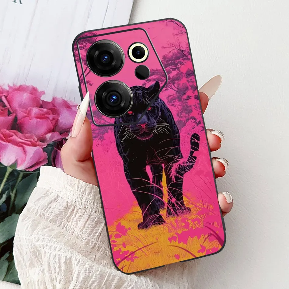 Tecno Camon 20 Premier Elegant Floral Cat Design Black Silicone Phone Case