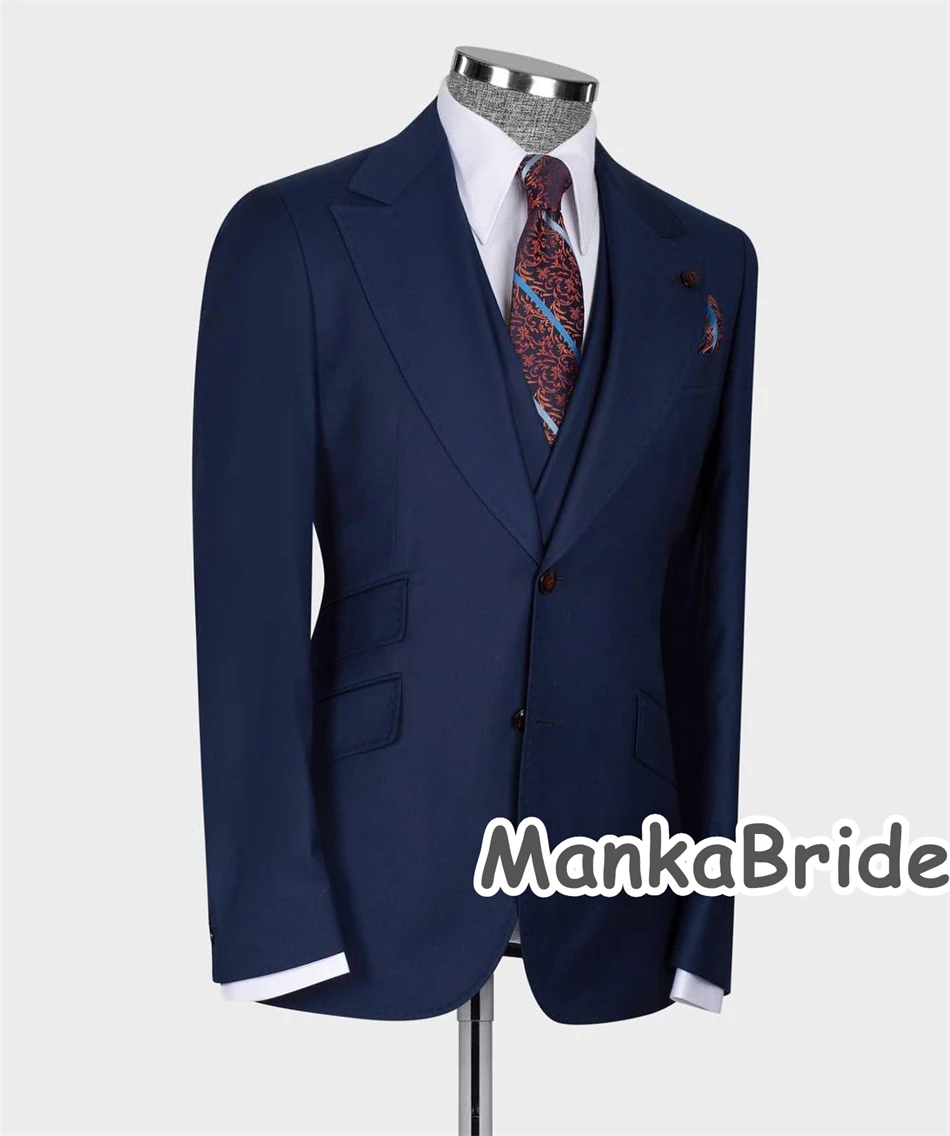 Classic Navy Blue Wedding Groom Tuxedo Customized Business Wear Men's Suits 3PCS Blazer Vest  Pants Groomsmen Suit