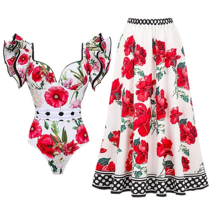 2024New Hot Spring Sexy One-Piece Swimsuit Women's Conservative Warm Printed Swimsuit Wrap Skirt Suit
