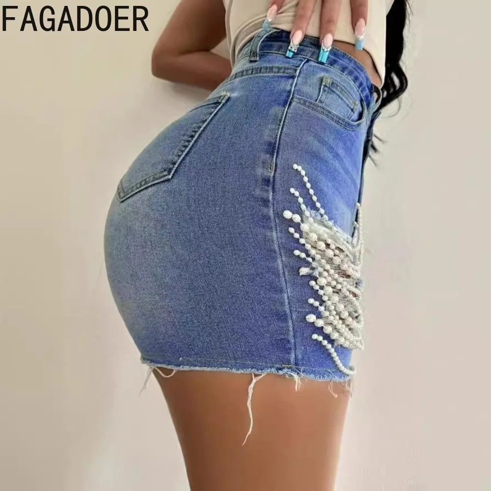 FAGADOER Fashion Hollow Out Hole Bead Chain Jean Shorts Women High Waisted Button Pocket Slim Shorts Summer New Denim Bottoms