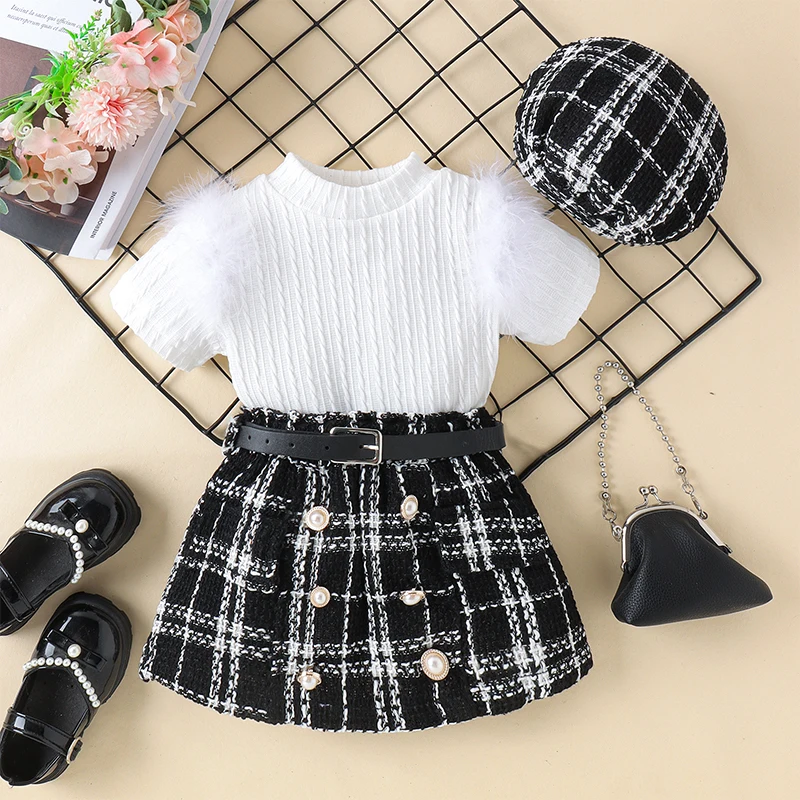 

Baby Girl 3Pcs Summer Outfits Short Sleeve Fur Shoulder Tops + Plaid Skirt + Hat Set Toddler Clothes 6M-4T