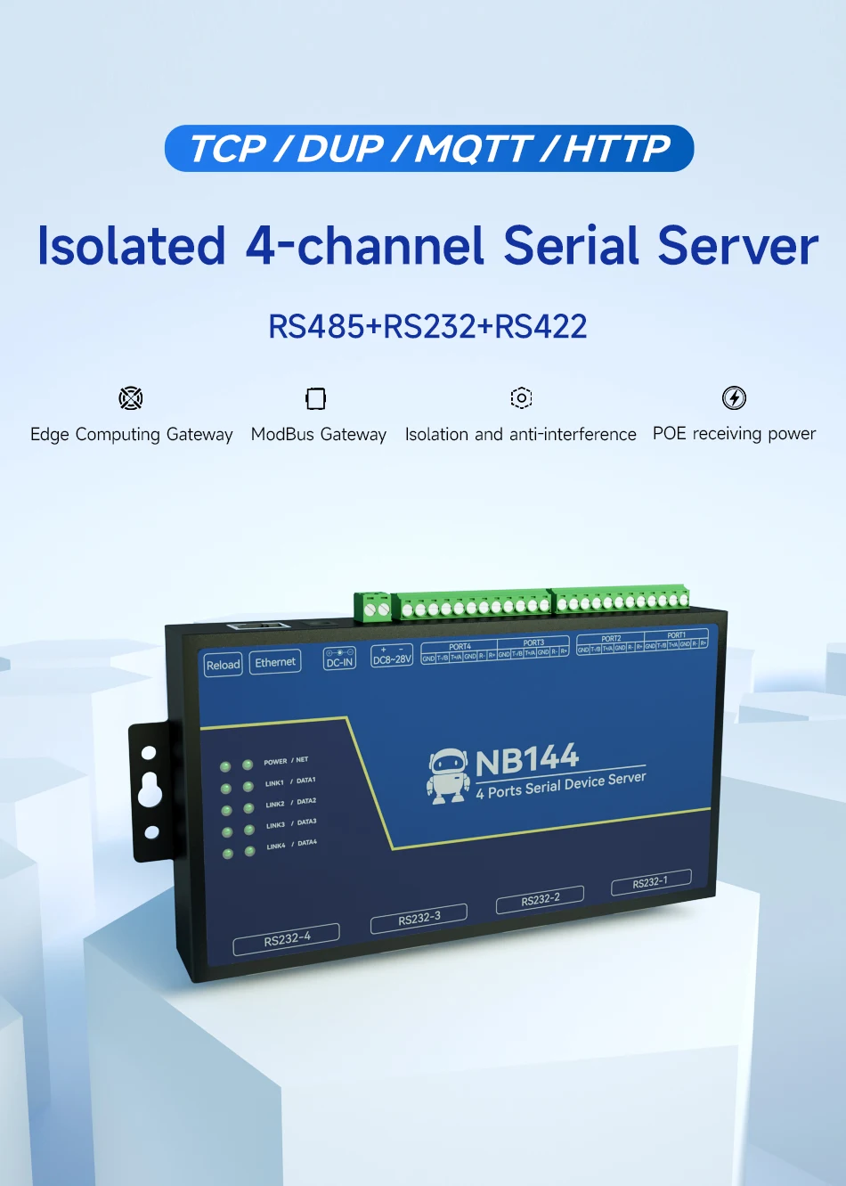S85d560f9c48d46e3822b1a67e0acde77m 4 Ports Serial Server to Ethnernet RS232 RS422 RS485 RJ45 Modbus Gateway POE Watchdog TCP UDP MQTT DC 8-28V NB144ES