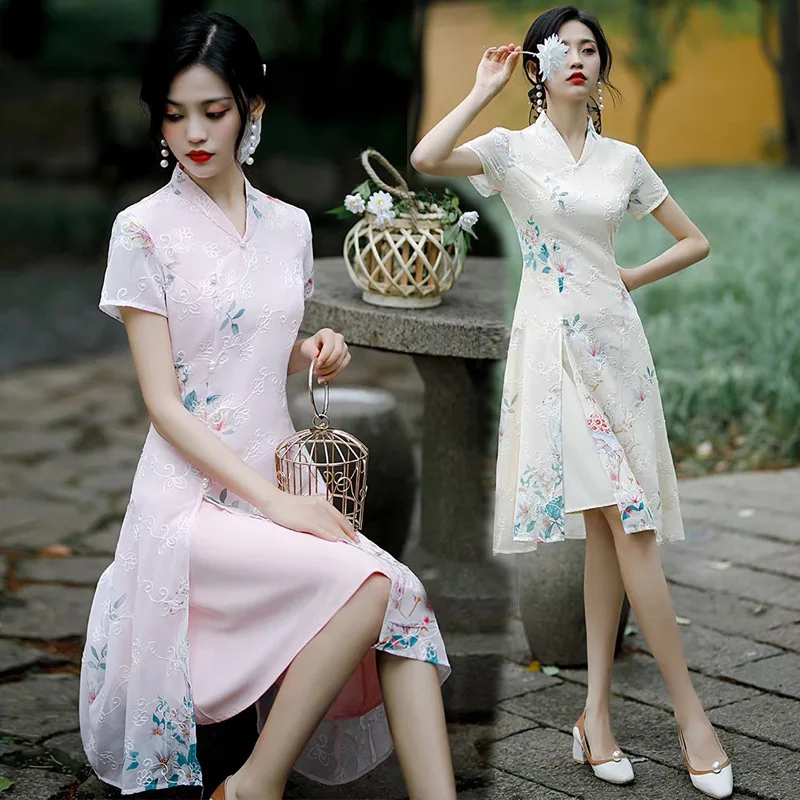 

2022 Summer Short Aodai Daily Slimming Cheongsam Young Mid-length Improved Small Asian Qipao Evening Kawaii Dress for Women