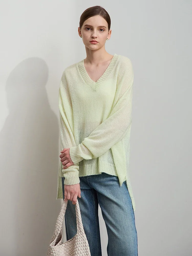 Amii Minimalism V-Neck Dopamine Shoulder Thin Pullover Split Asymmetrical Solid Long Sleeve Wool Loose Knitted Sweater 12521038 6