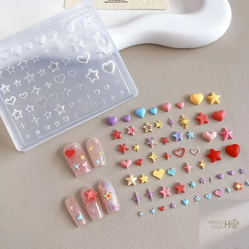 심장, 별, 오각별 모양의 3D 실리콘 몰드, 네일 아트용, DIY 투명 매니큐어 템플릿, 장 네일 장식품용
