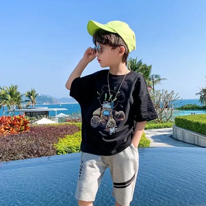 

Summer New Cute Girls Crew Neck Black Purple Tees Short Sleeve Cotton Boys Tops Korean Casual T Shirt Children Girl Clothes