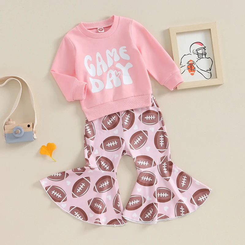 

Toddler Girl Game Day Outfits Long Sleeve Shirts Letter Sweatshirt with Football Flare Pants 2Pcs Set