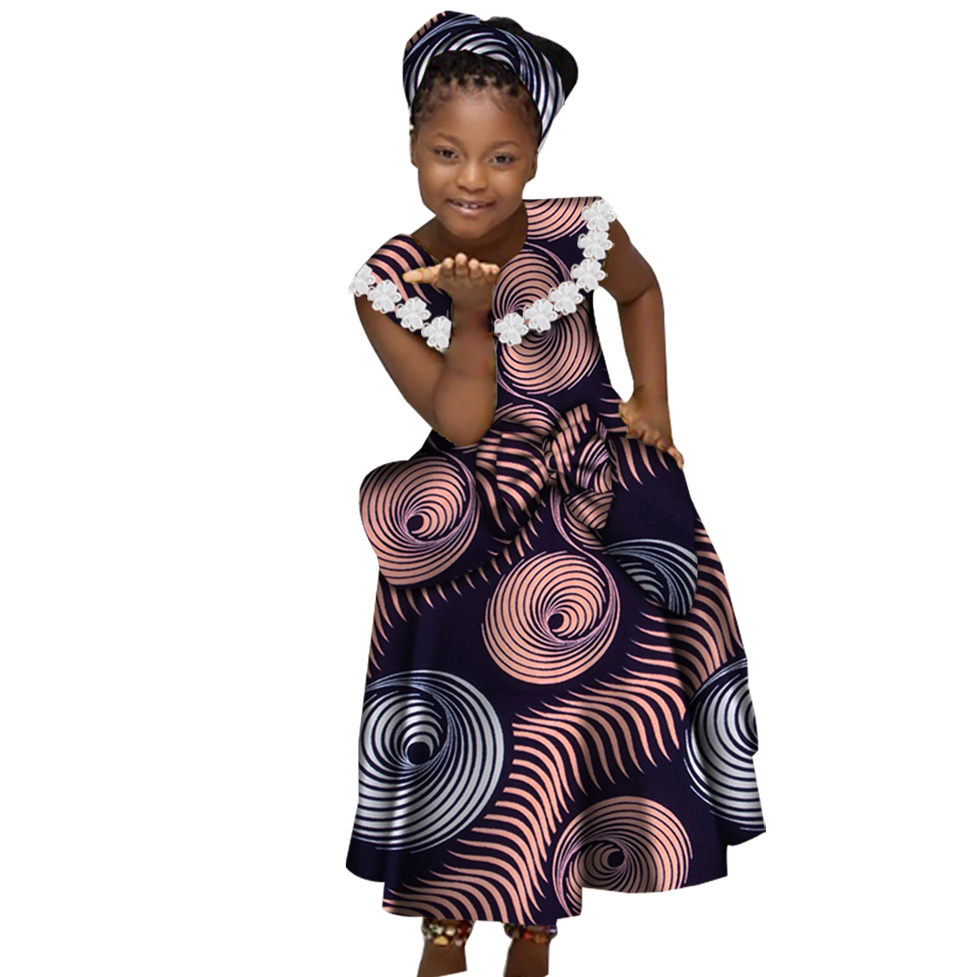 African Dresses for Little Girls Pleated Skirt Gifted Hair Band Lovely Girl Clothing with Big Bow Custom Size Clothes  WYT538