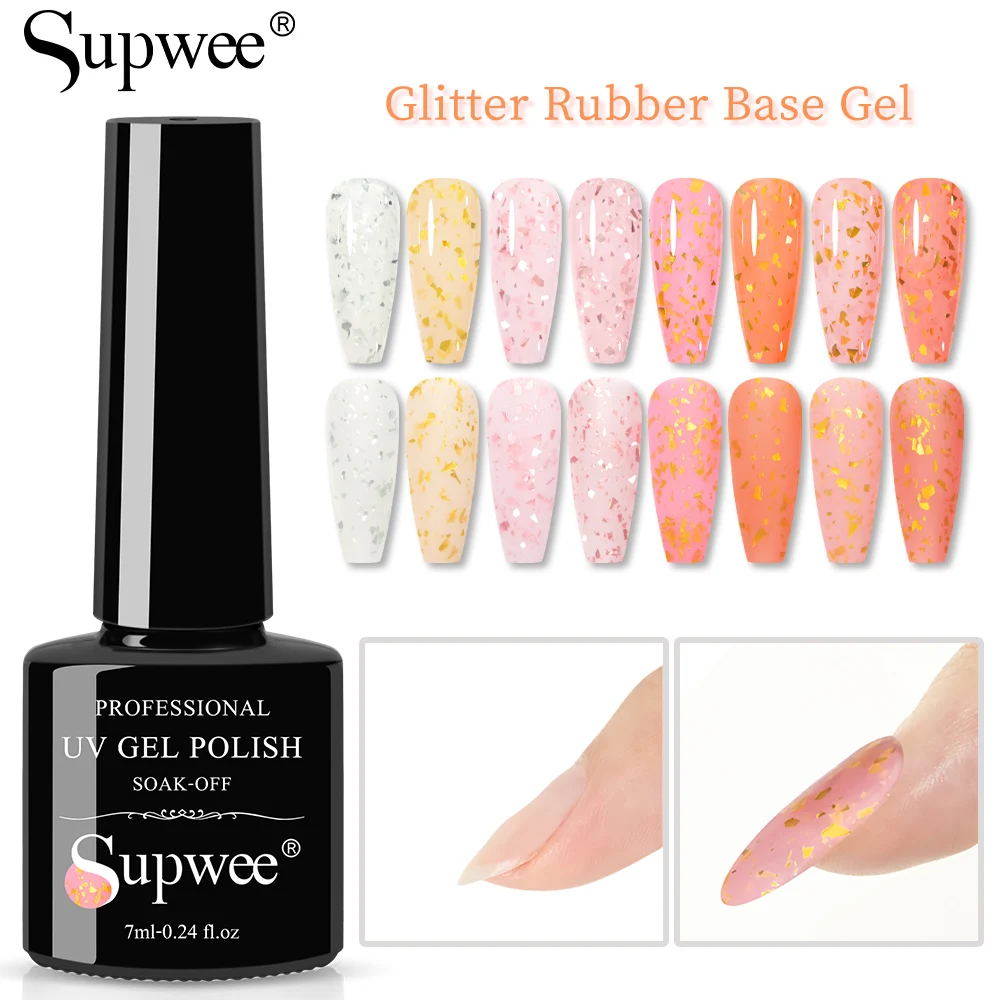 

Supwee 7ml Gold Glitter Rubber Base Gel Nail Polish White Pink Soak Off UV Self-leveling Gel Nail Varnish for Manicure Nail Art