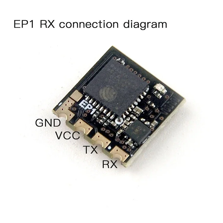 Récepteur ExpressLRS EP1 installé sur un drone FPV, câbles connectés, prêt pour le vol.