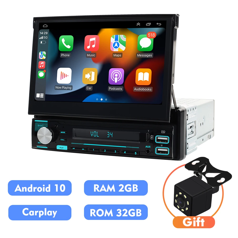 

Car Radio Multimedia Player 7Inch Retractable Screen Multimedia Android 10.0 GPS Navigation With Wireless Carplay 1Din