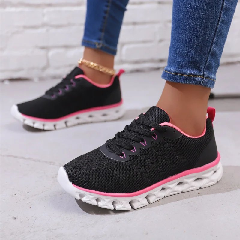 

Туфли женские сетчатые на шнуровке, Вулканизированная подошва, удобные дышащие, круглый носок, прогулочная теннисная обувь, черные, 2024