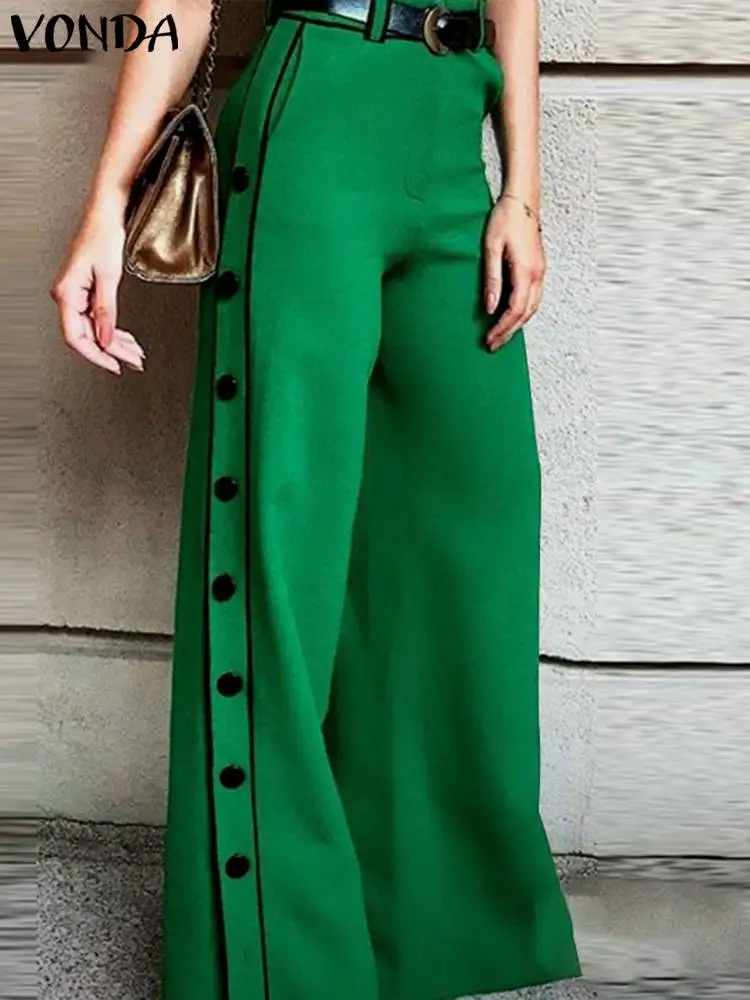 VONDA Elegant Wide Leg Pants 2024 Women Summer Side Buttons Down Fashion Long Pantalon Casual Solid High Waist Zipper Trousers