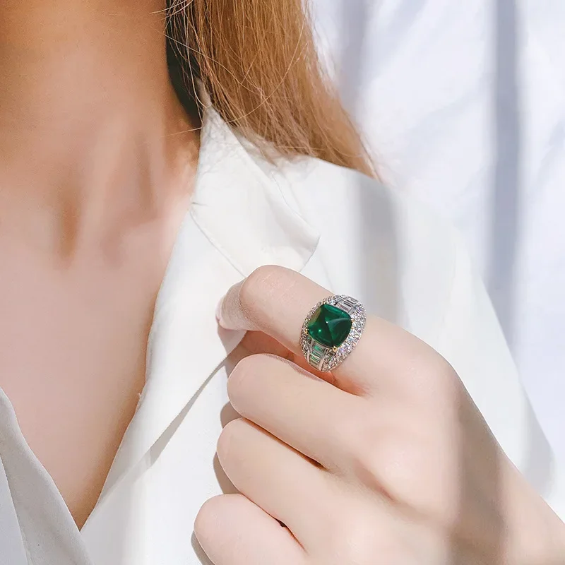 S925 Imitation Silver Colorful Treasure Jade Blue Treasure Sugar Tower Full Set Ring Main Stone 10 * 10 Wedding Ring
