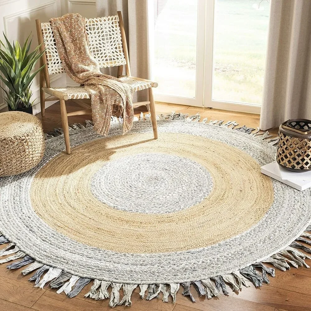 

Rug Jute Cotton Handmade Carpet Round Multicolour Tassels Reversible Area Rug Modern Rustic Hallway Floor Mat Living Room Decor