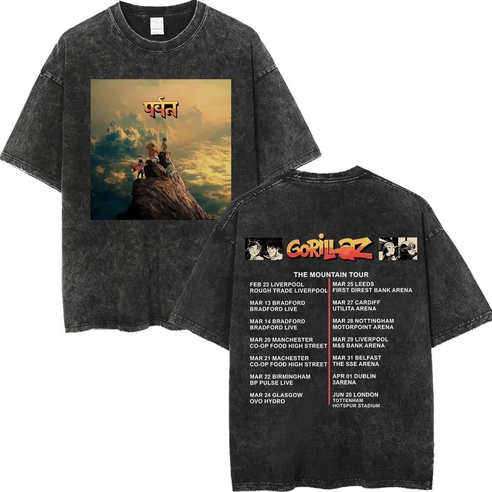 Gorillaz The Mountain Tour 캐주얼 패션 그래픽 탑 여성용 티셔츠 유니섹스 티셔츠 남성용 코튼 반팔 워시 티셔츠